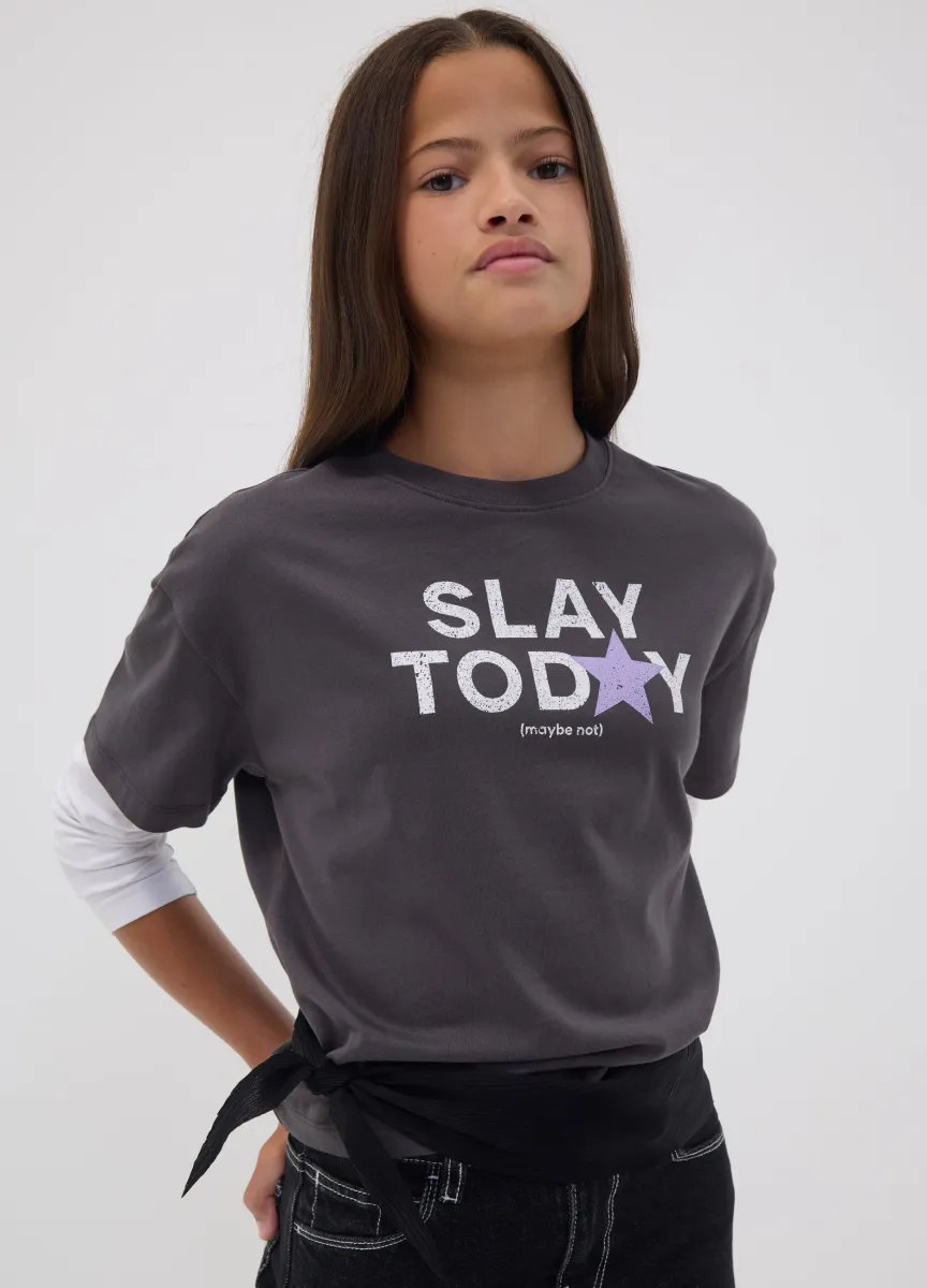 T-shirt over fit grigia in puro cotone a maniche doppie per ragazza