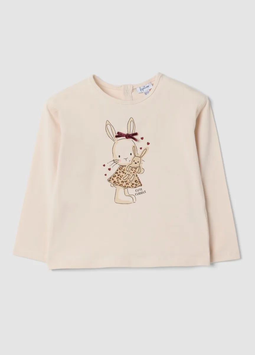 T-shirt rosa a maniche lunghe in cotone elasticizzato girocollo