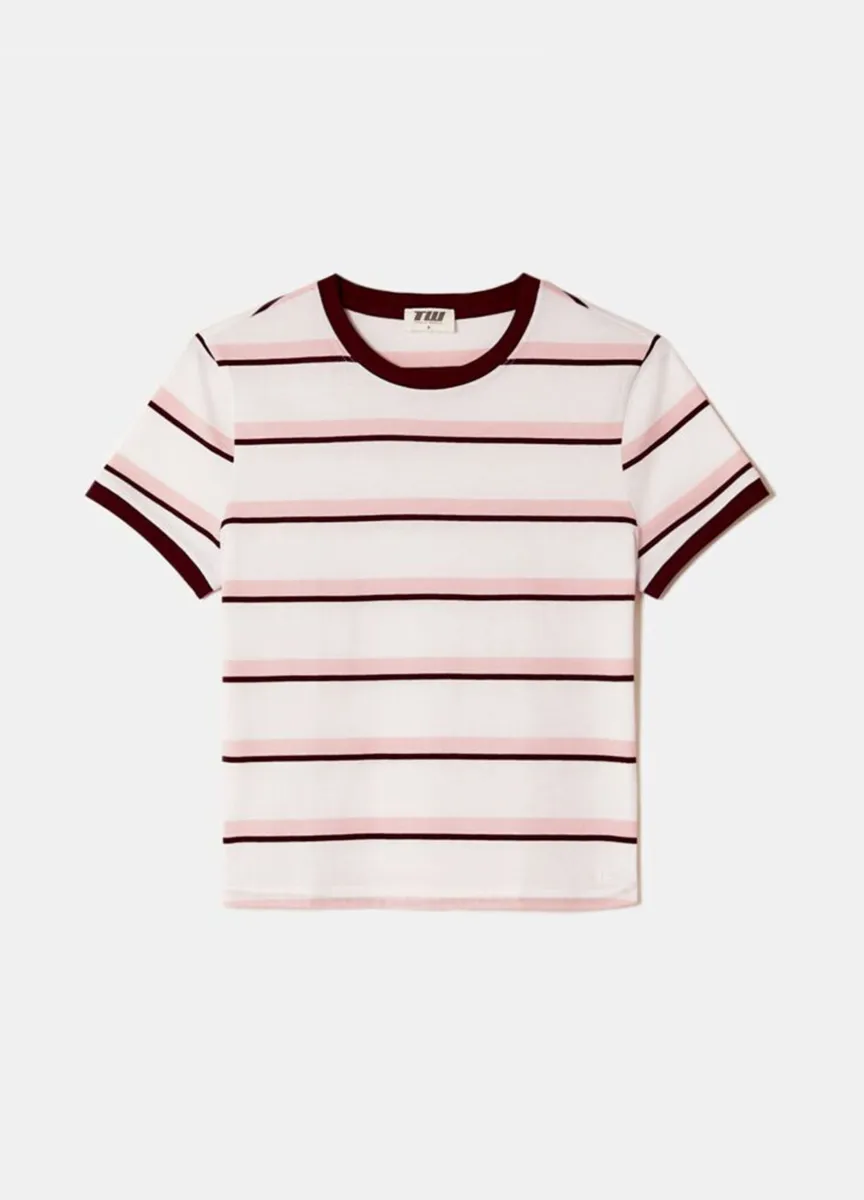 T-shirt rosa a righe bordeaux in puro cotone