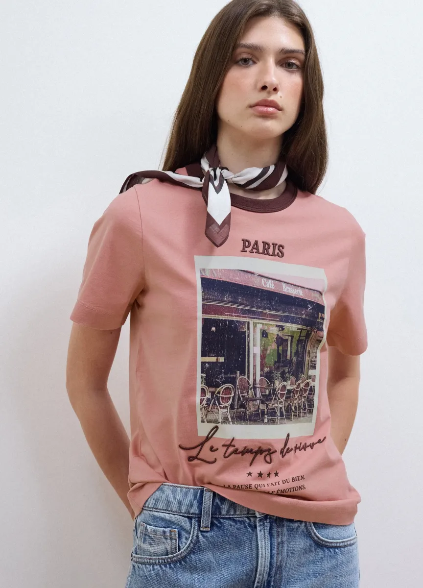 T-shirt rosa in puro cotone con stampa Paris