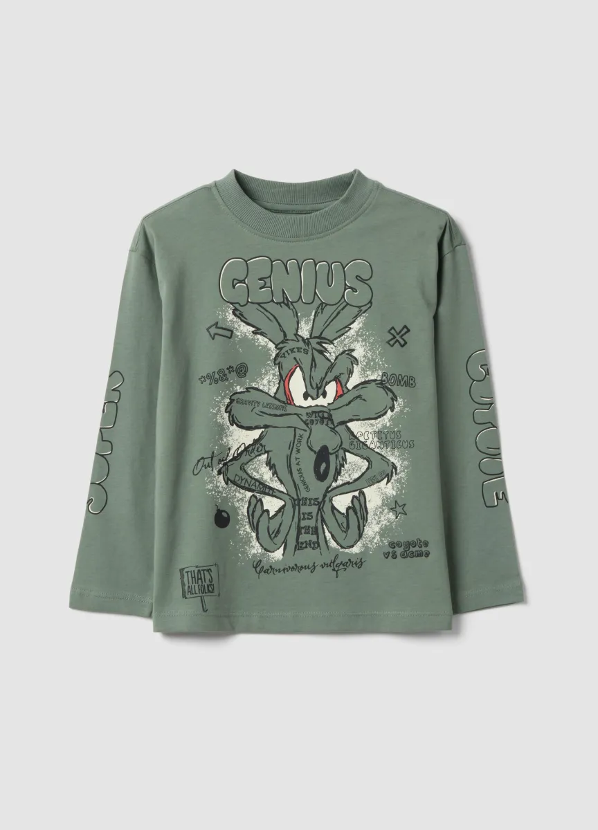 T-shirt verde a maniche lunghe in puro cotone con stampa Looney Tunes per bambino