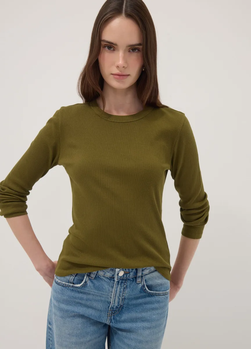 T-shirt verde a maniche lunghe in puro cotone