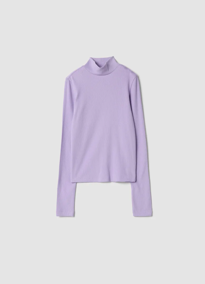 T-shirt viola in cotone organico elasticizzato a costine slim fit