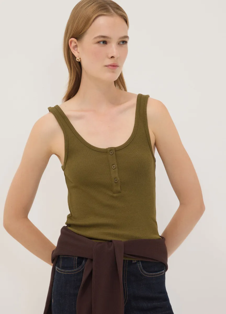 Tank top verde in cotone elasticizzato con bottoni regular fit