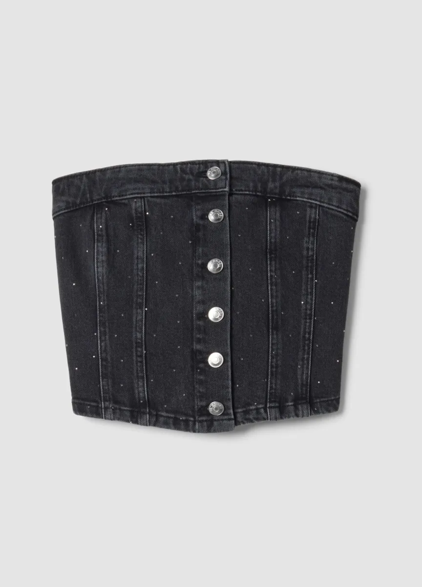 Top bandeau nero crop in cotone elasticizzato denim