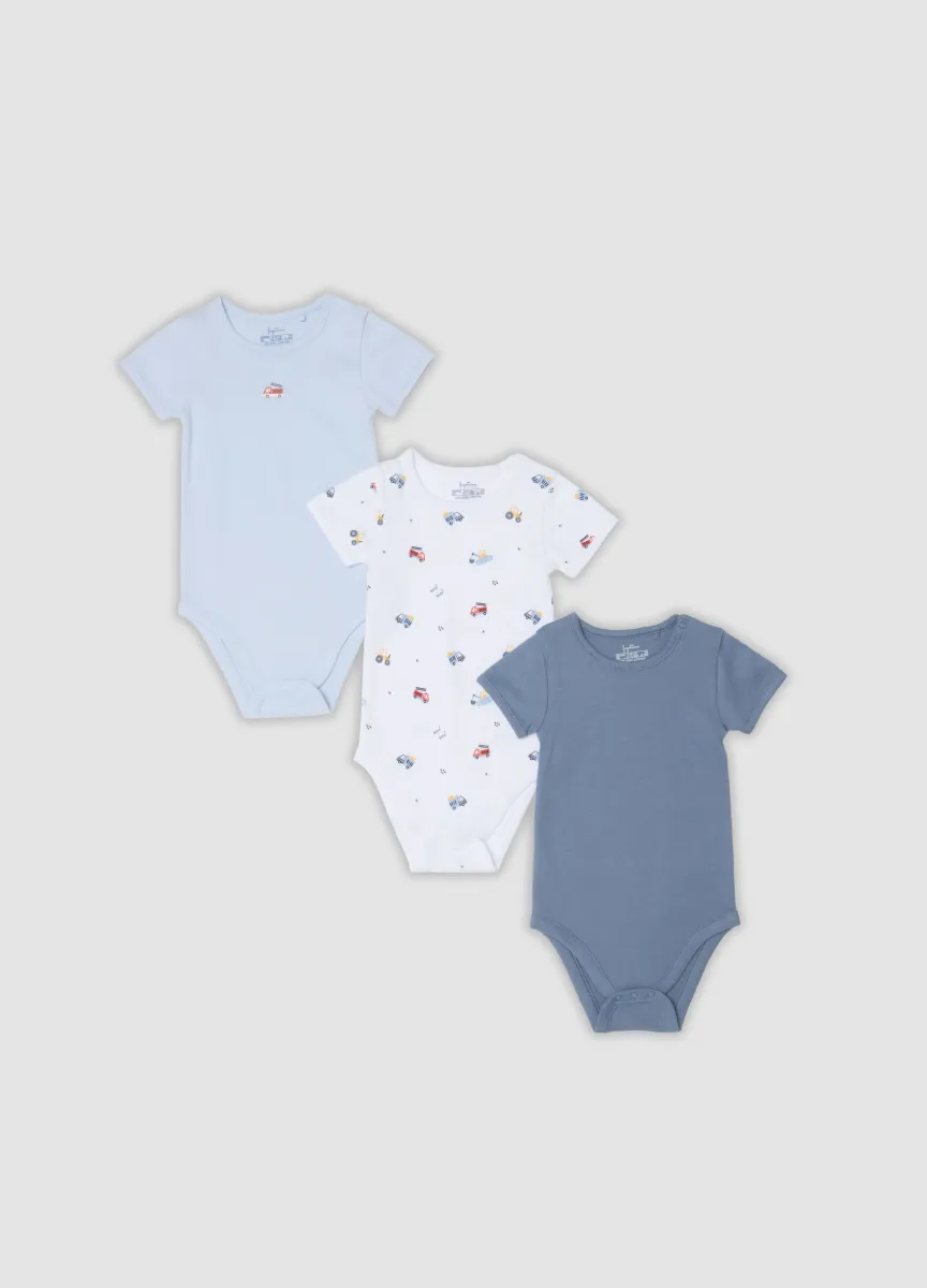 Tripack body blu e bianchi in puro cotone organico con macchinine
