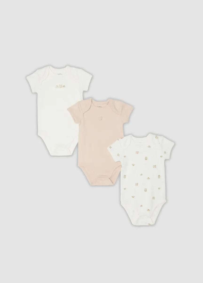 Tripack di body multicolor in puro cotone organico con stampe per neonati
