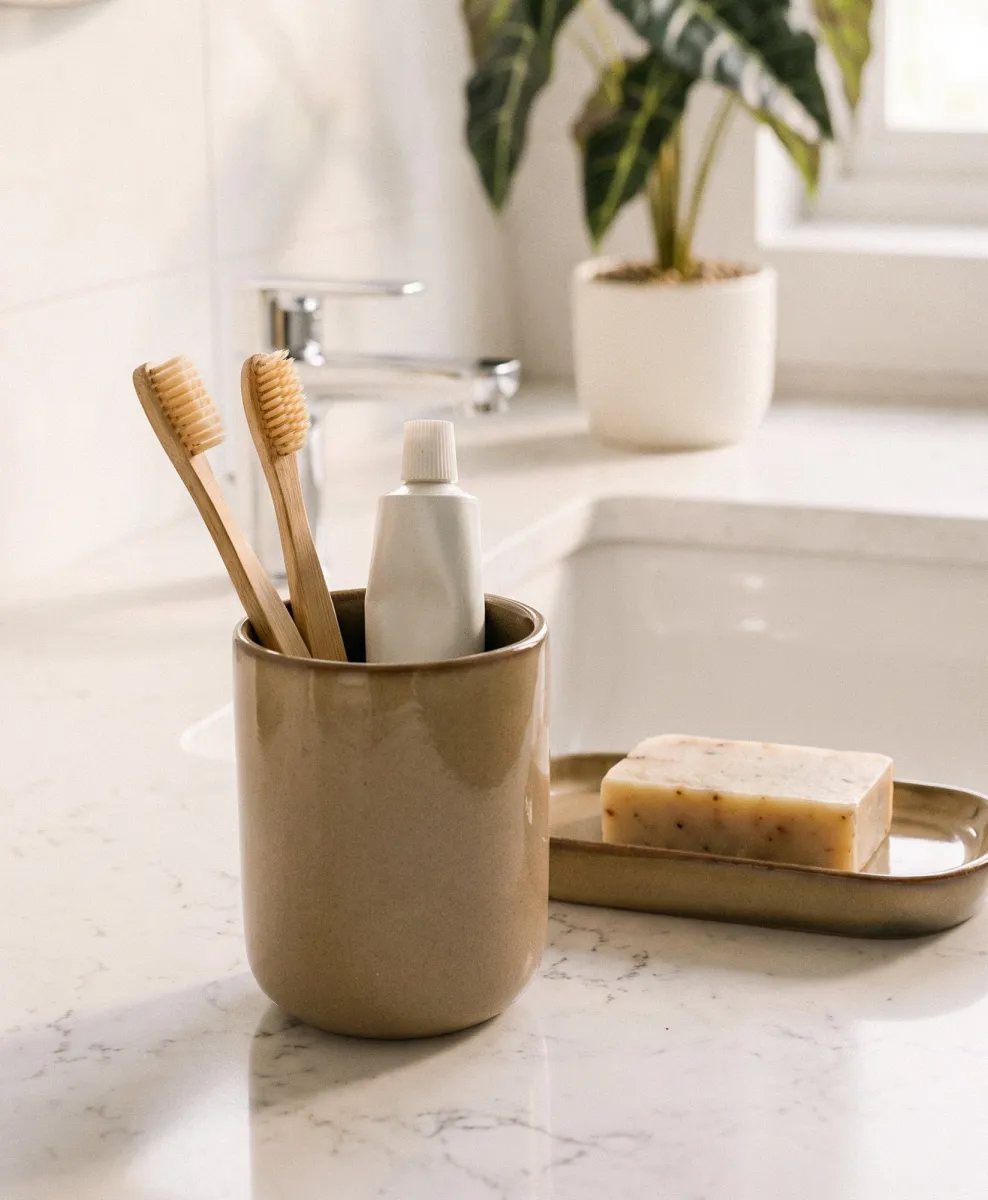 Bicchiere da bagno in gres beige per spazzolini