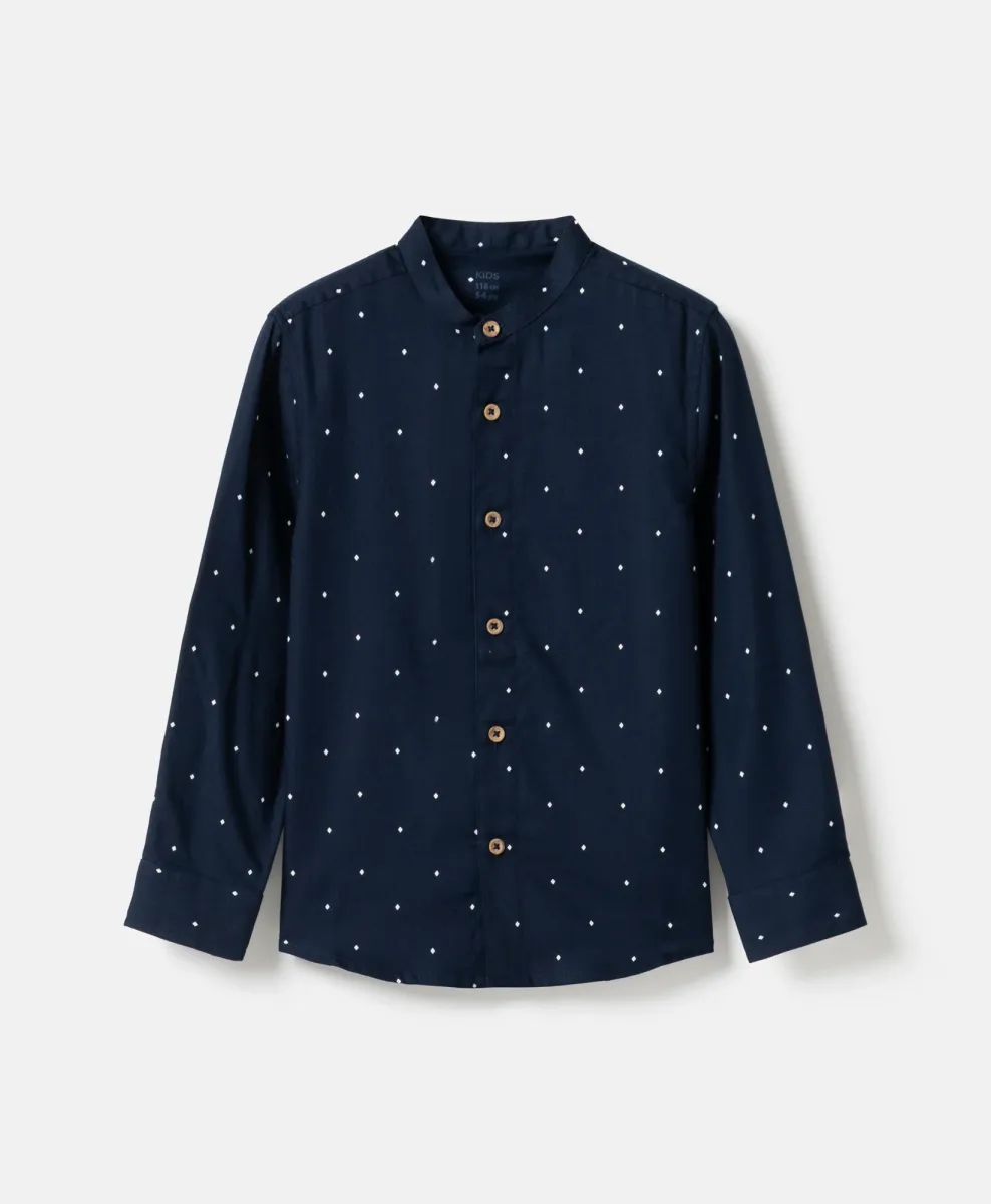 Camicia da bambino blu navy con piccolo motivo in 100% cotone