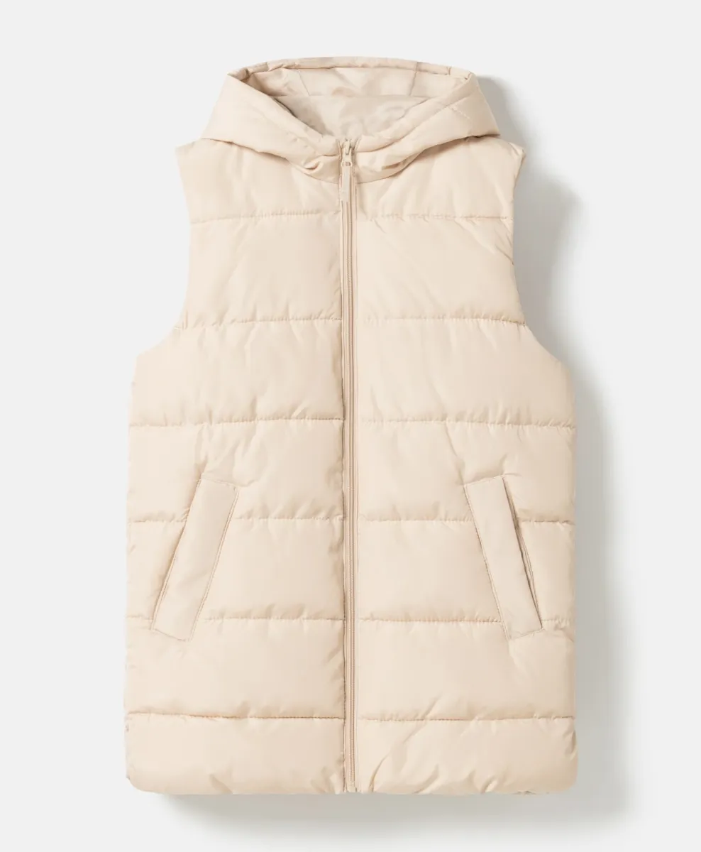 Gilet da bambina lungo con cappuccio, beige