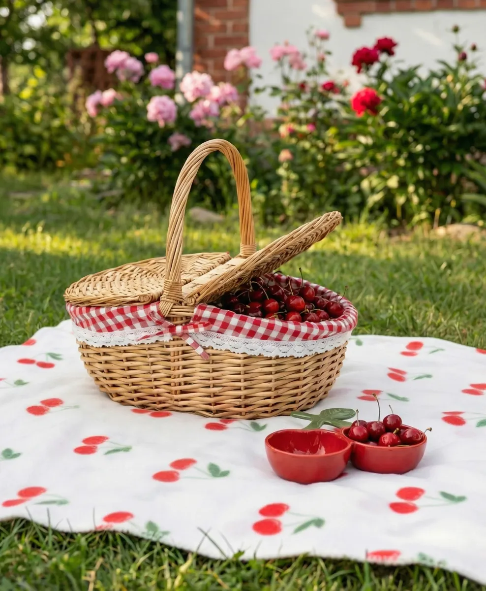 Grande cesta da picnic in vimini con fodera a quadretti