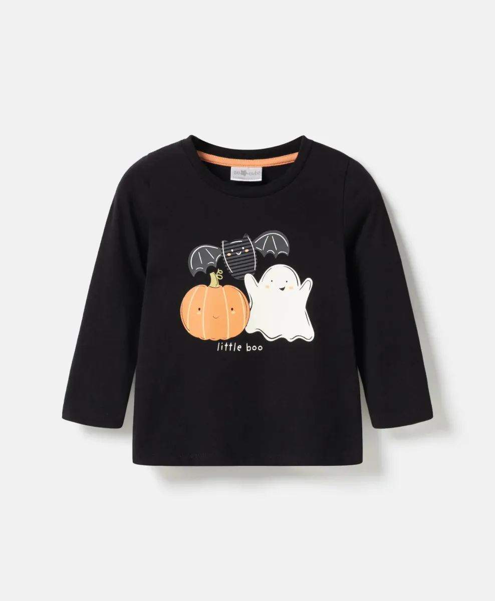 Maglia da neonato in 100% cotone con zucca e fantasma di Halloween