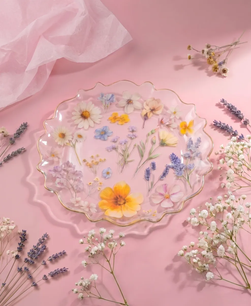Piatto in vetro con fiori e bordo ondulato