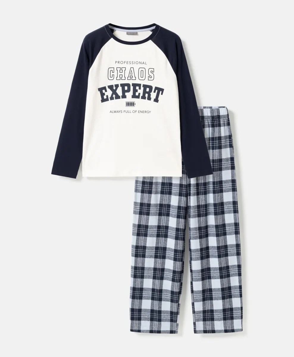 Pigiama da bambino con maglia a maniche lunghe e pantaloni lunghi a quadri in 100% cotone