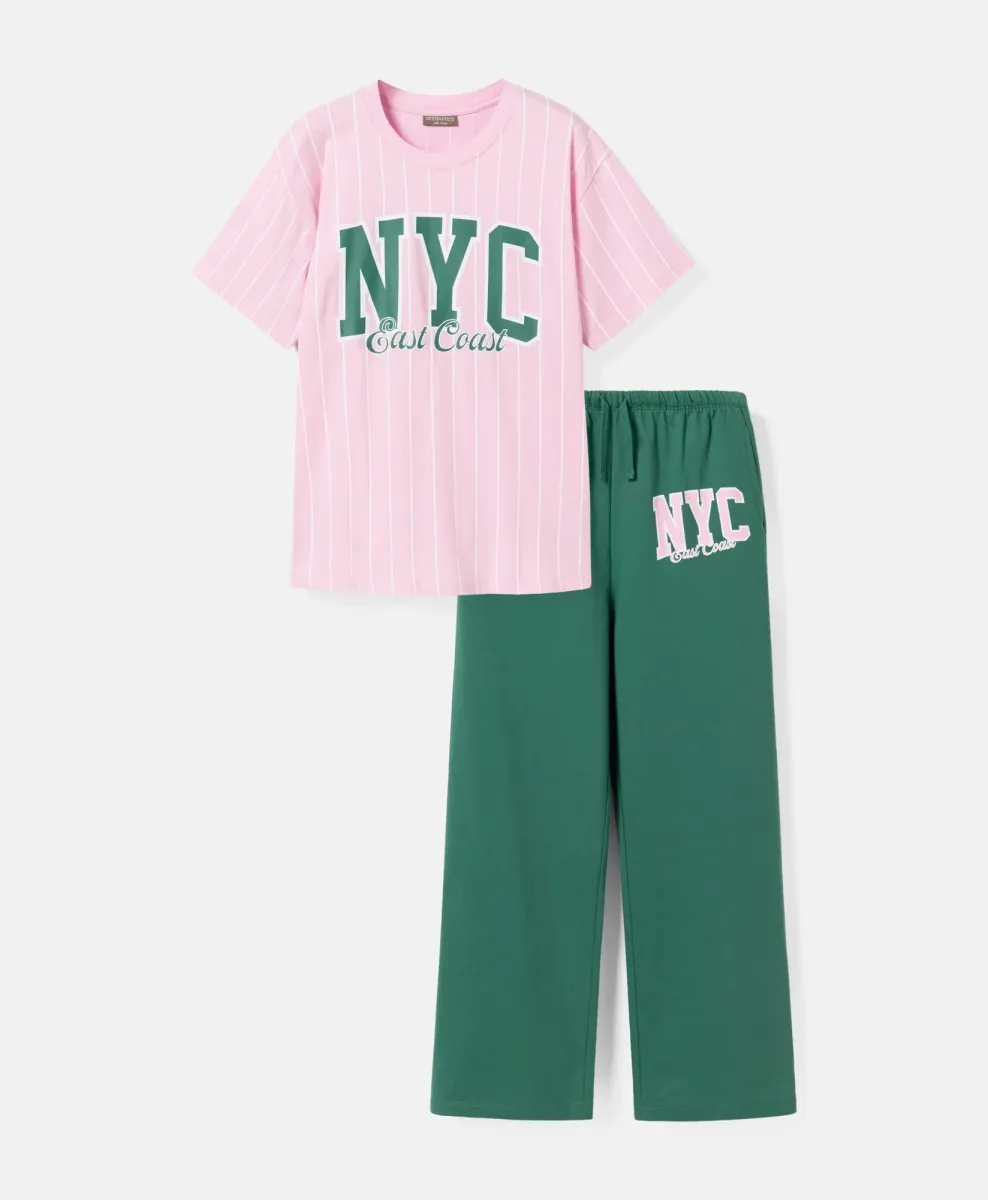 Set da bambina con T-shirt e pantaloni NYC in 100% cotone