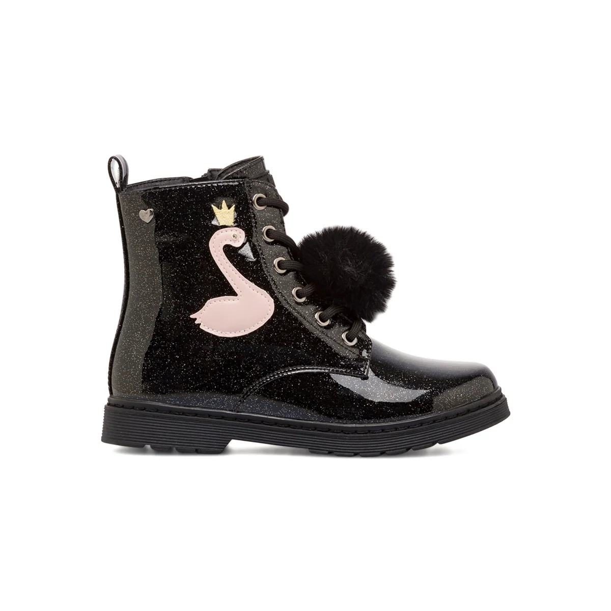 Anfibi da ragazza Le scarpe di Alice nero con glitter e dettaglio fenicottero