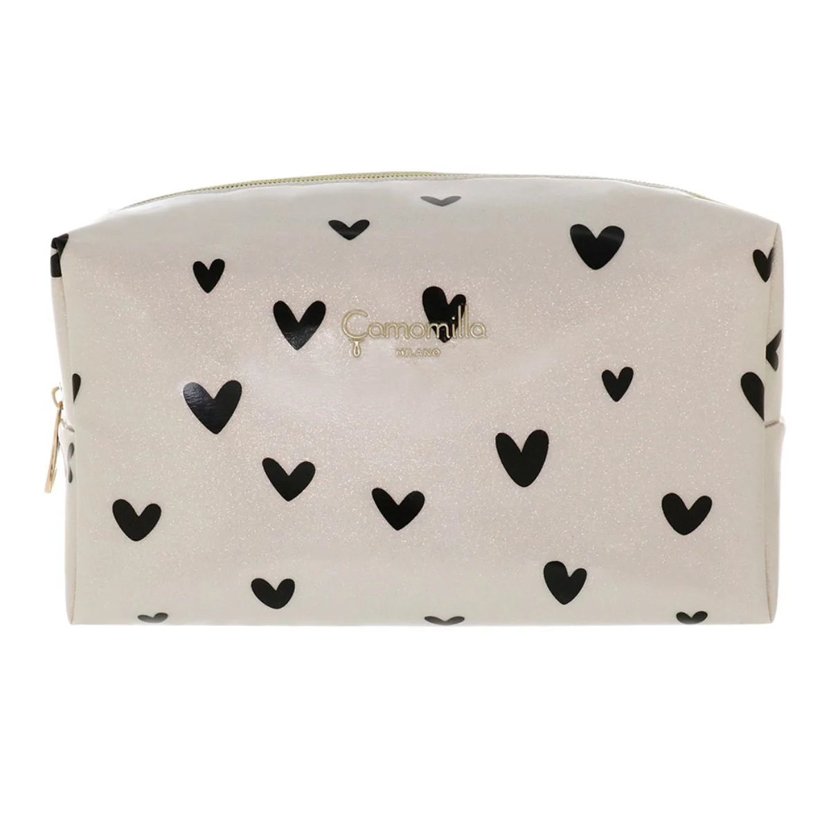 Beauty Case da donna bianco a cuori neri con effetto glitter Camomilla Milano