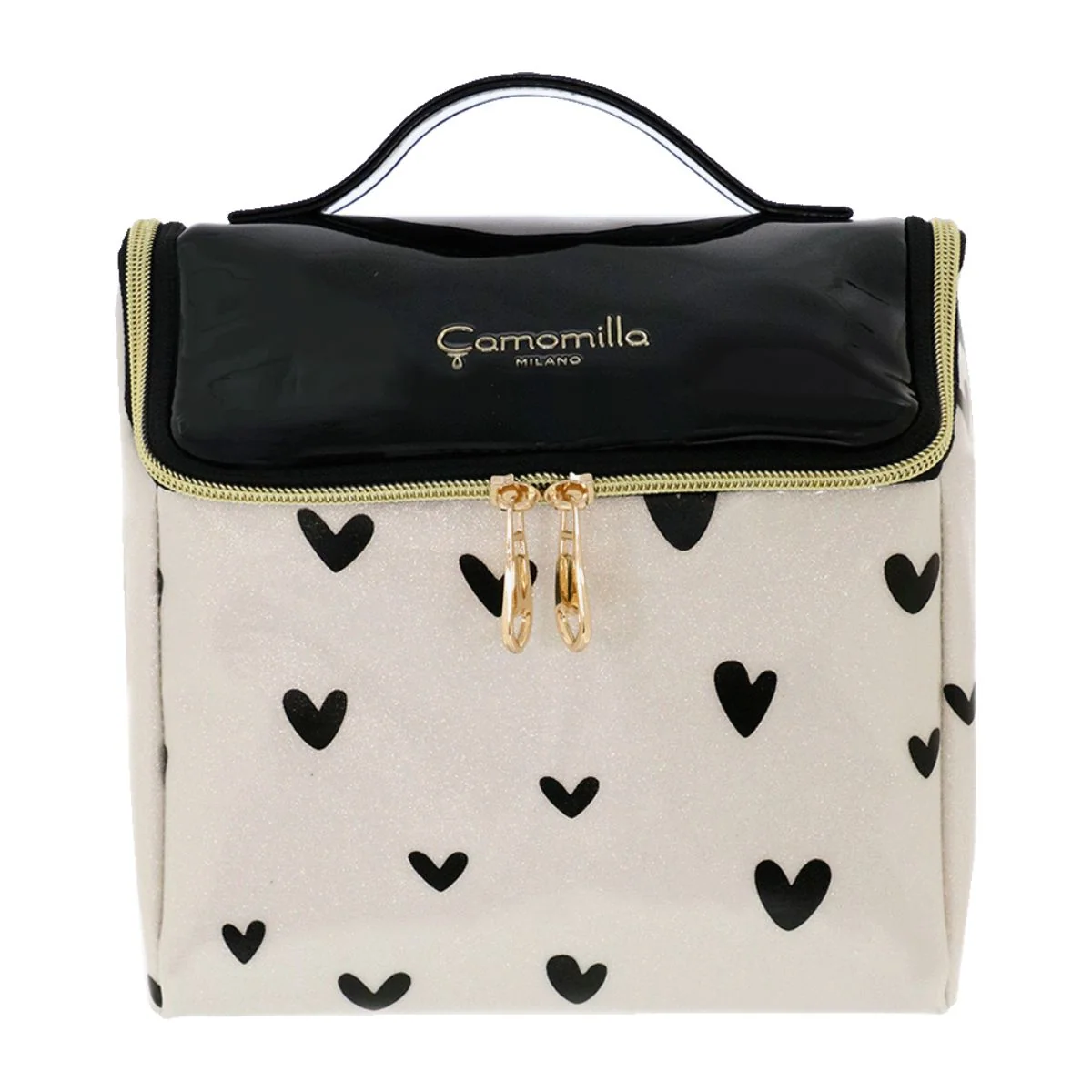 Beauty Case da donna panna con cuori neri e flap in vernice Camomilla Milano