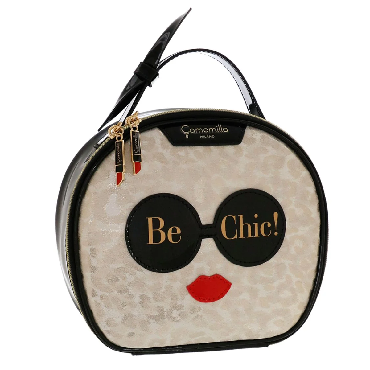 Beauty Case tondo da donna nero con stampa Be Chic! Camomilla Milano