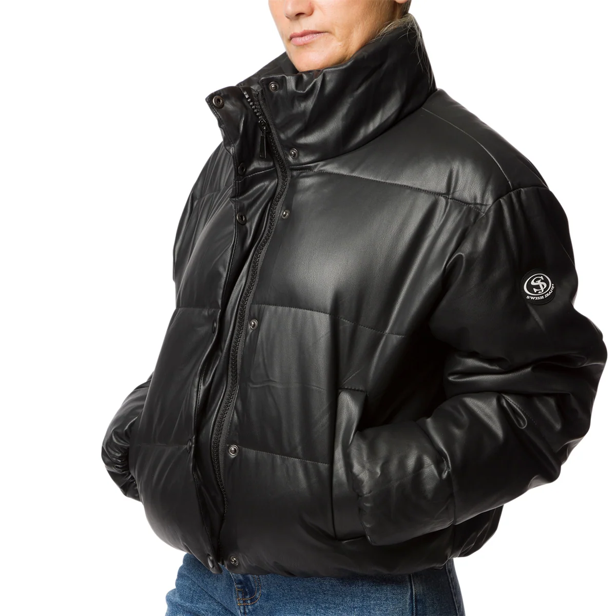 Bomber in similpelle nero da donna con chiusura a zip e bottoni Swish Jeans