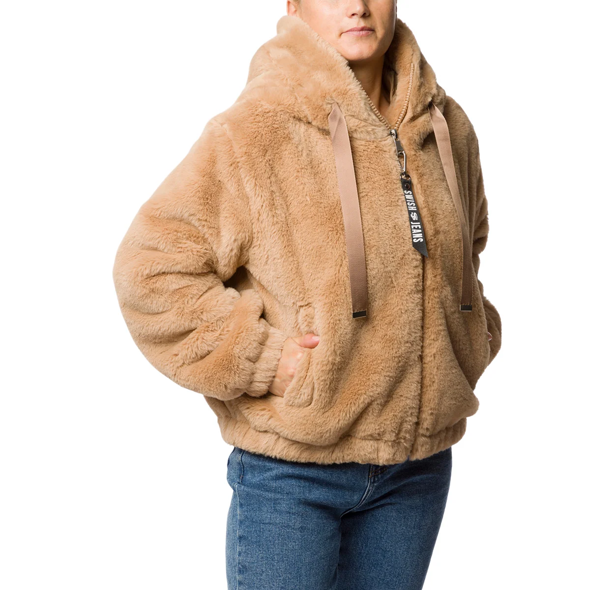 Bomber pelliccia marrone da donna con chiusura a zip Swish Jeans