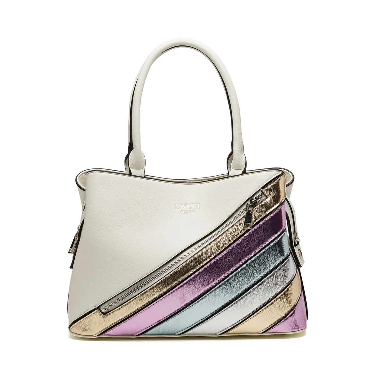 Borsa a mano bianca con strisce laminate multicolore Swish Jeans