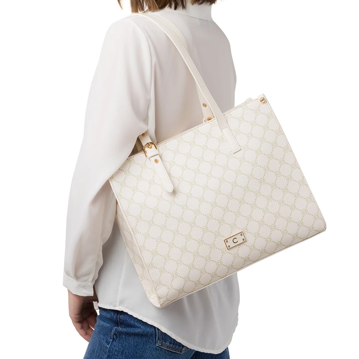 Borsa a spalla bianco off-white da Donna con dettaglio logo metallizzato Carrera Jeans