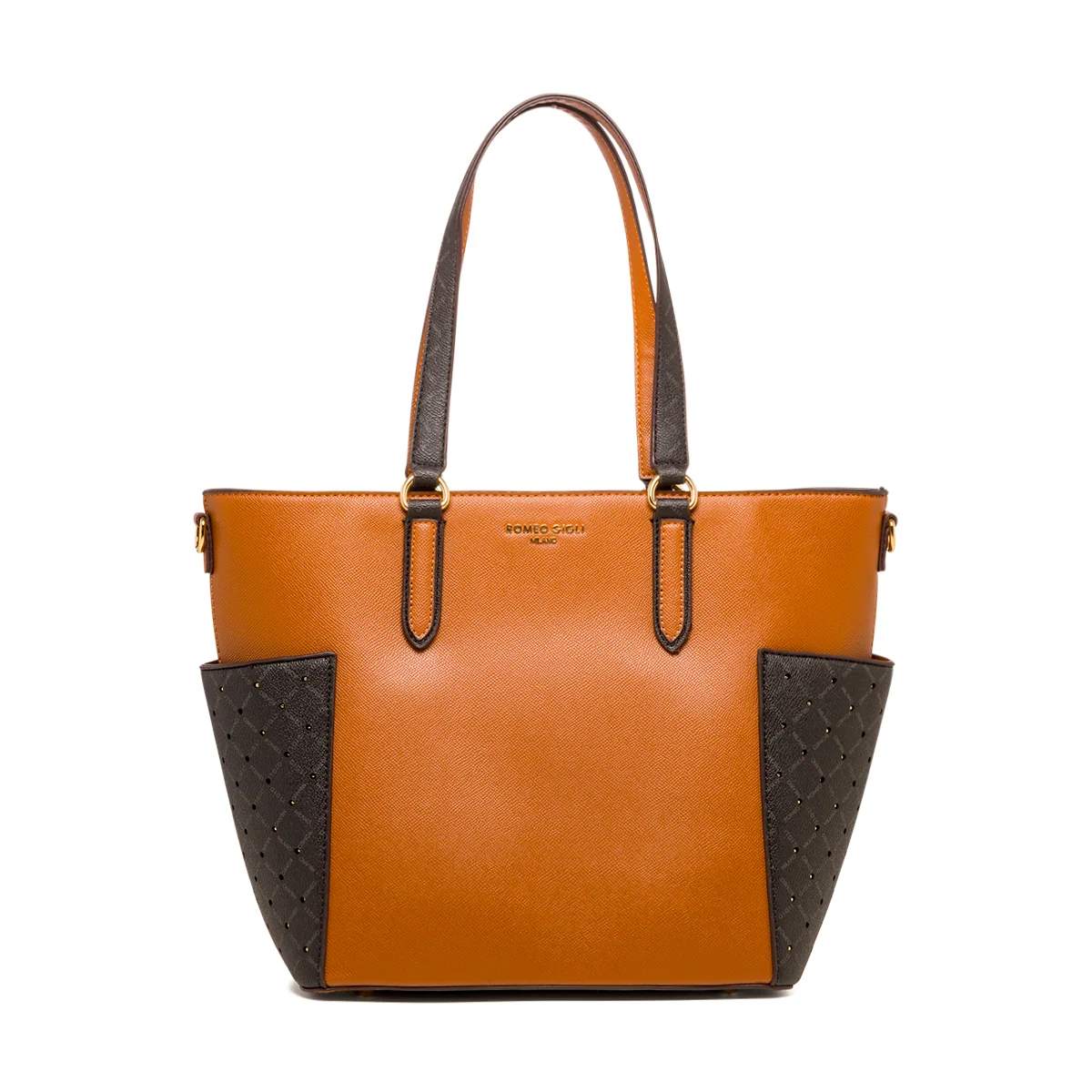 Borsa a spalla color cuoio da donna con logo in metallo Romeo Gigli Milano Gama