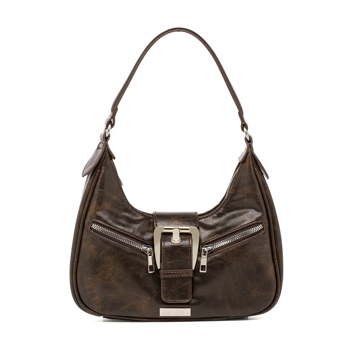Borsa a Spalla da Donna Marrone con Fibbia e Zip Lora Ferres