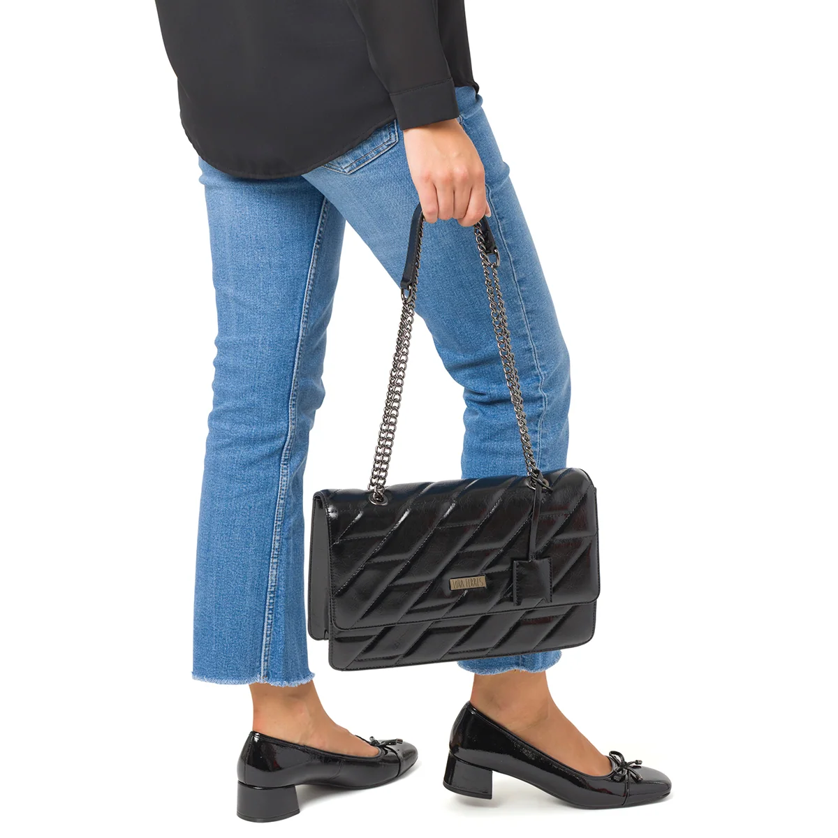 Borsa a Spalla nera da Donna con Trama a Rombi Lora Ferres