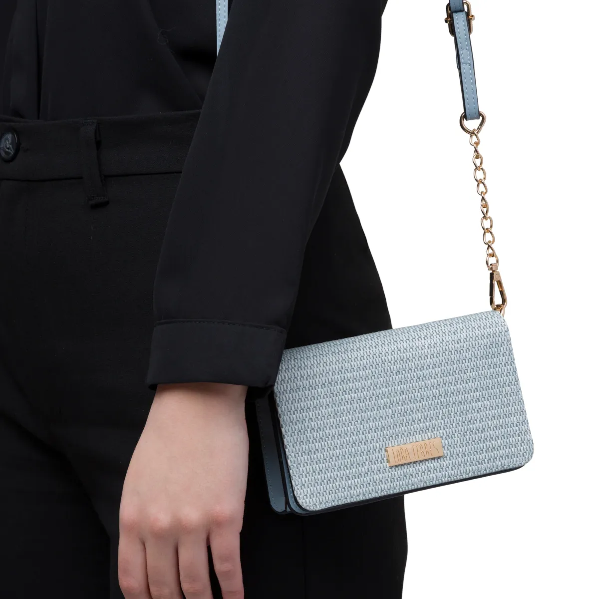 Borsa a tracolla celeste da Donna in tessuto intrecciato effetto rafia Lora Ferres