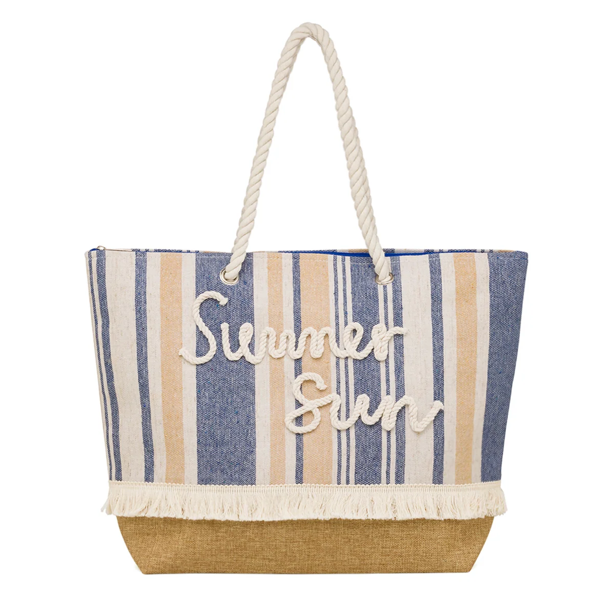 Borsa Mare a Righe con Scritta Summer Sun Manici in Corda e Dettagli con Frange Camomilla Milano
