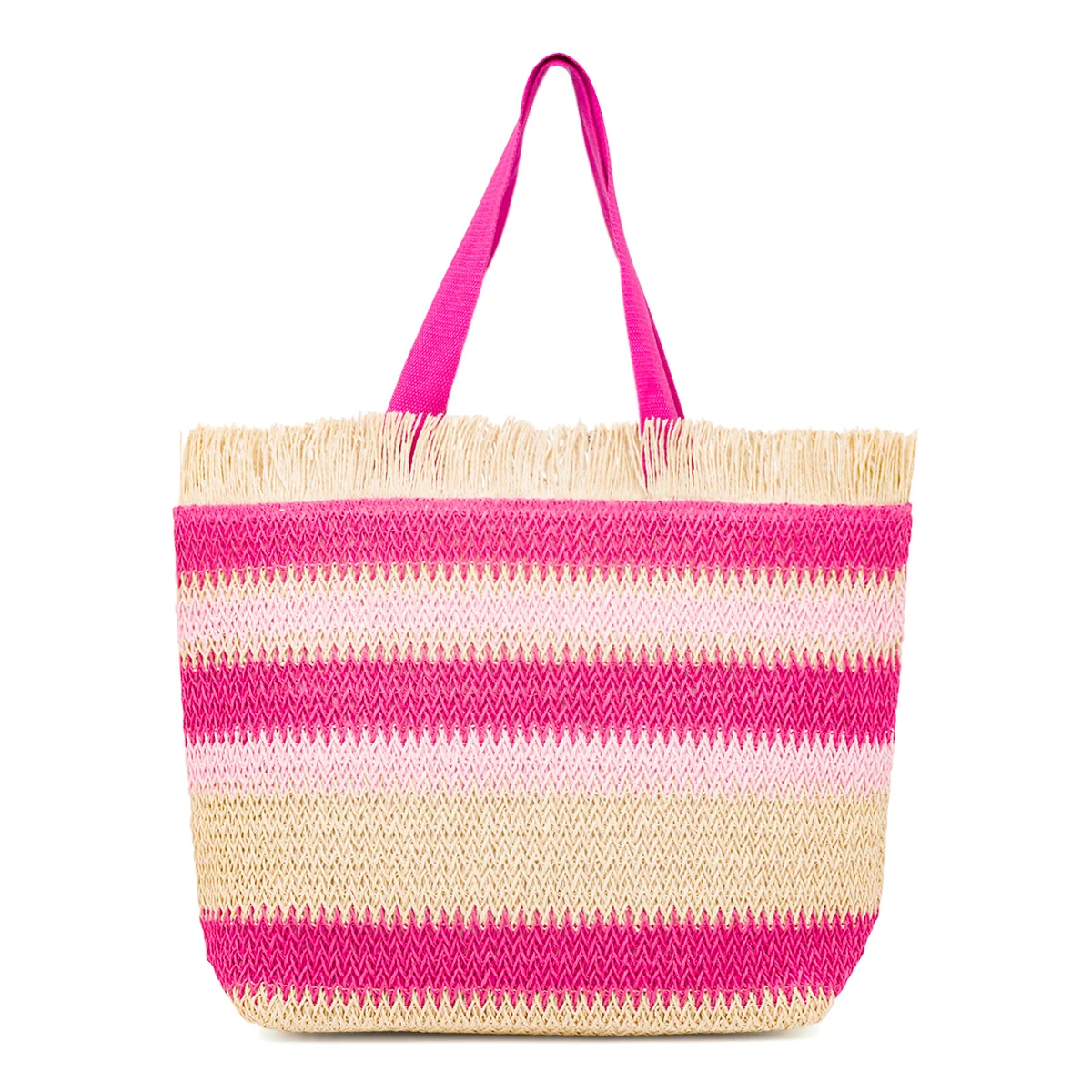 Borsa Mare da Donna in Rafia da Donna a Righe Rosa con Frange Lora Ferres On The Beach