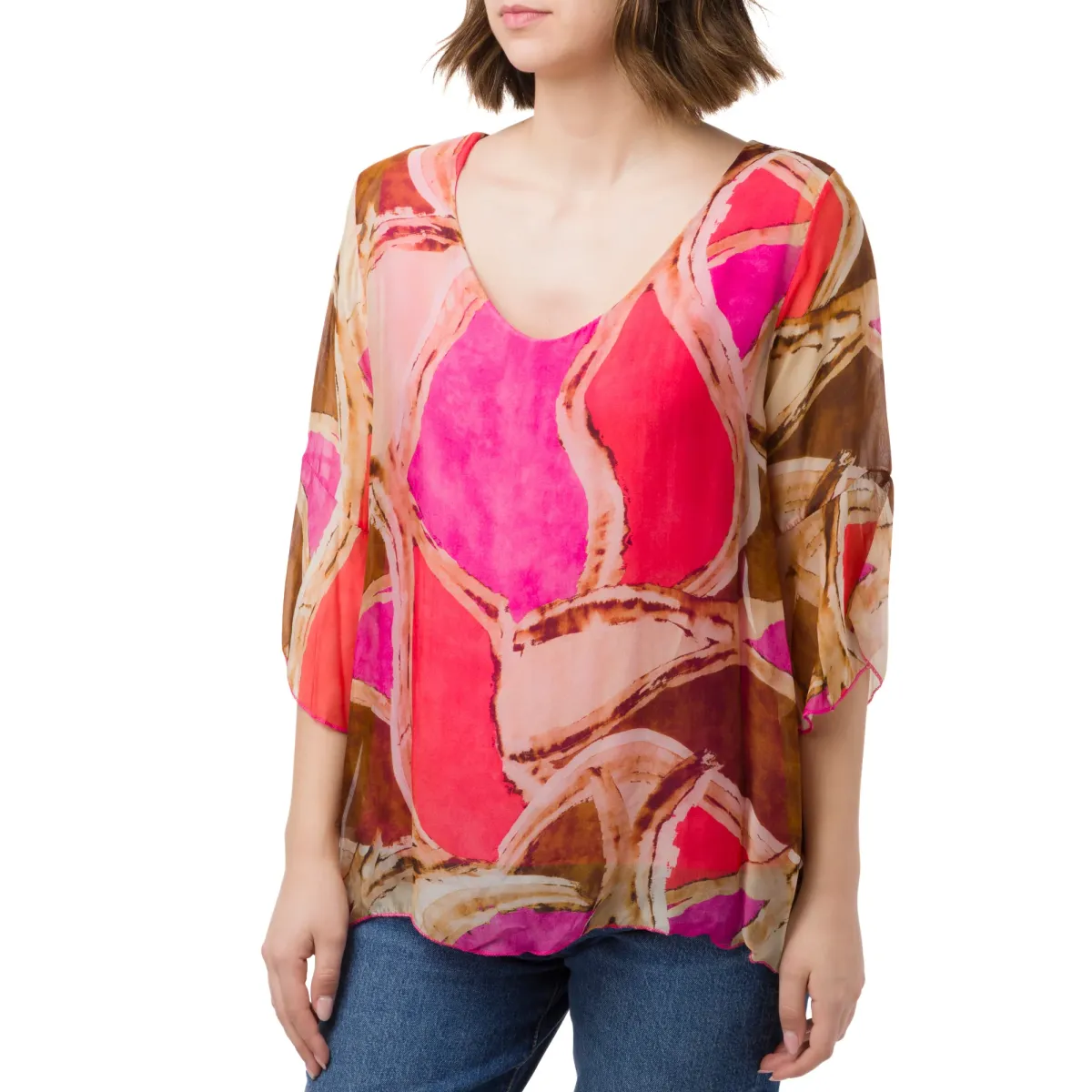 Camicia Blusa da Donna fucsia con motivi multicolore effetto velato Swish Jeans