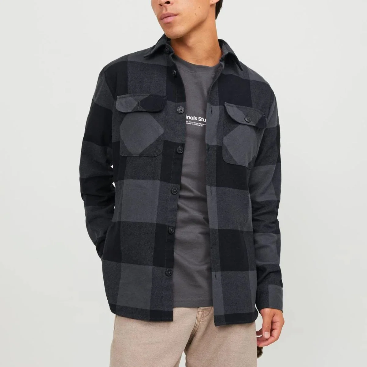 Camicia da uomo nera e grigia con bottoni Jack & Jones