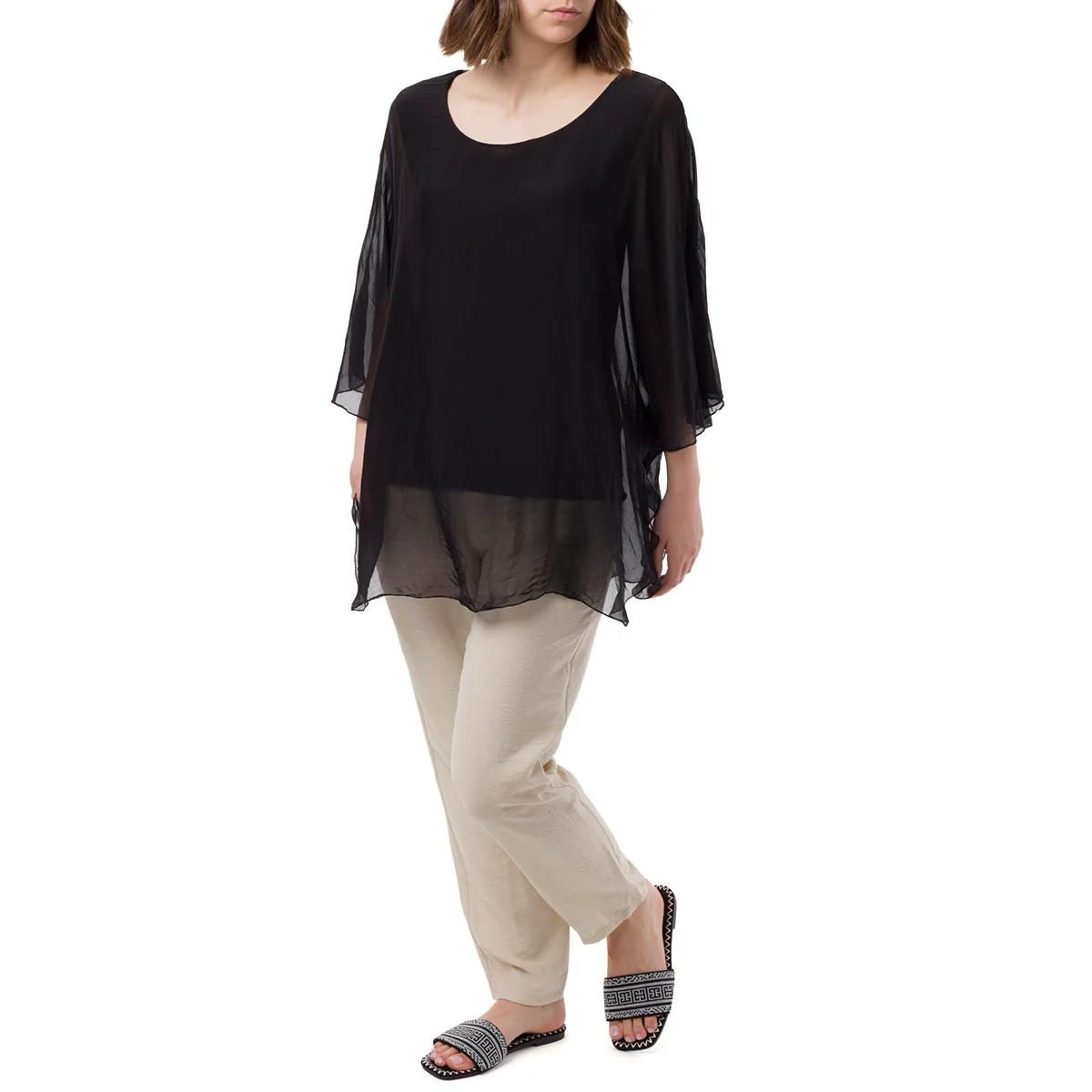 Camicia Nera a Maniche Corte da Donna Semi Trasparente con Fodera Swish Jeans
