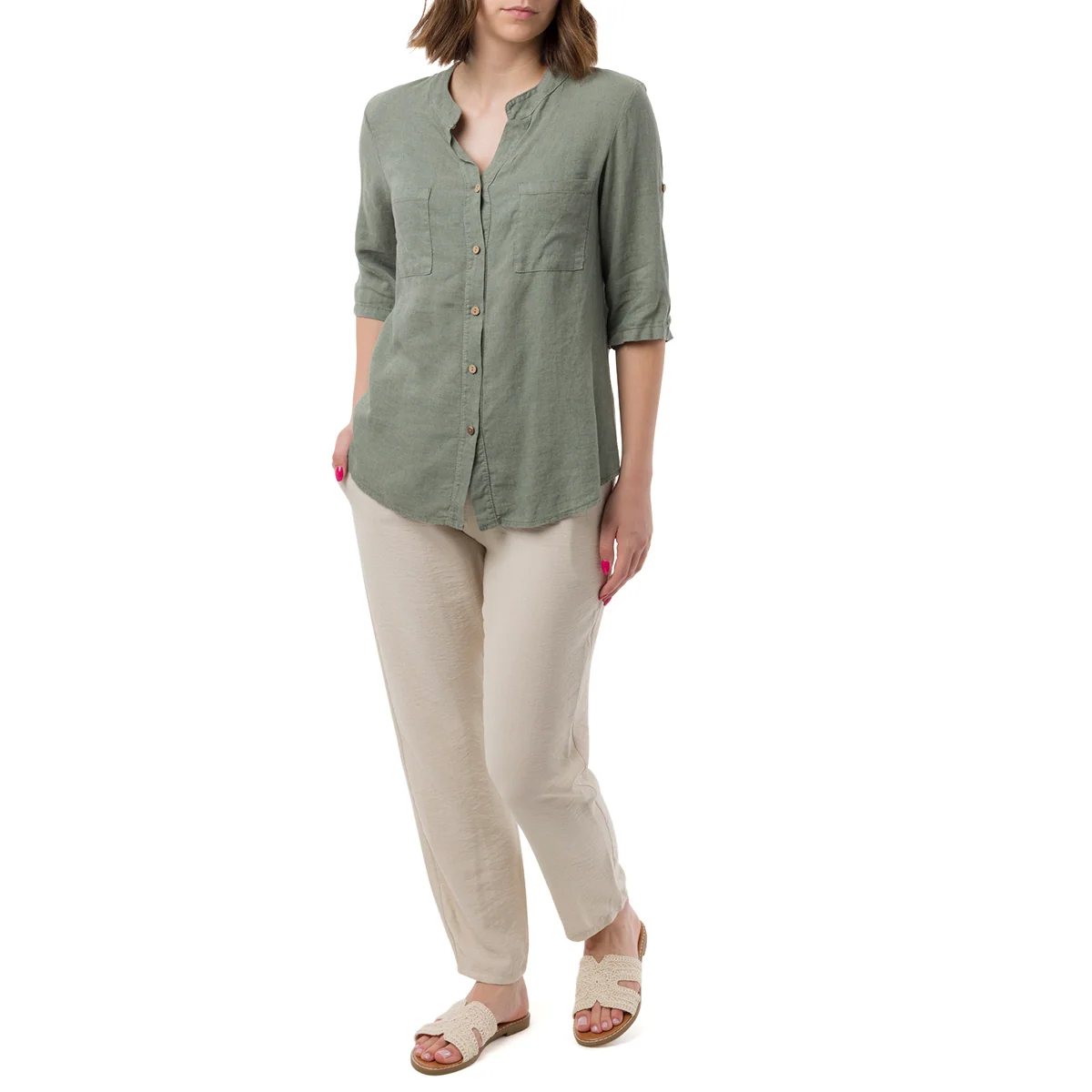 Camicia Verde da Donna in Misto Lino con Collo alla Coreana Swish Jeans