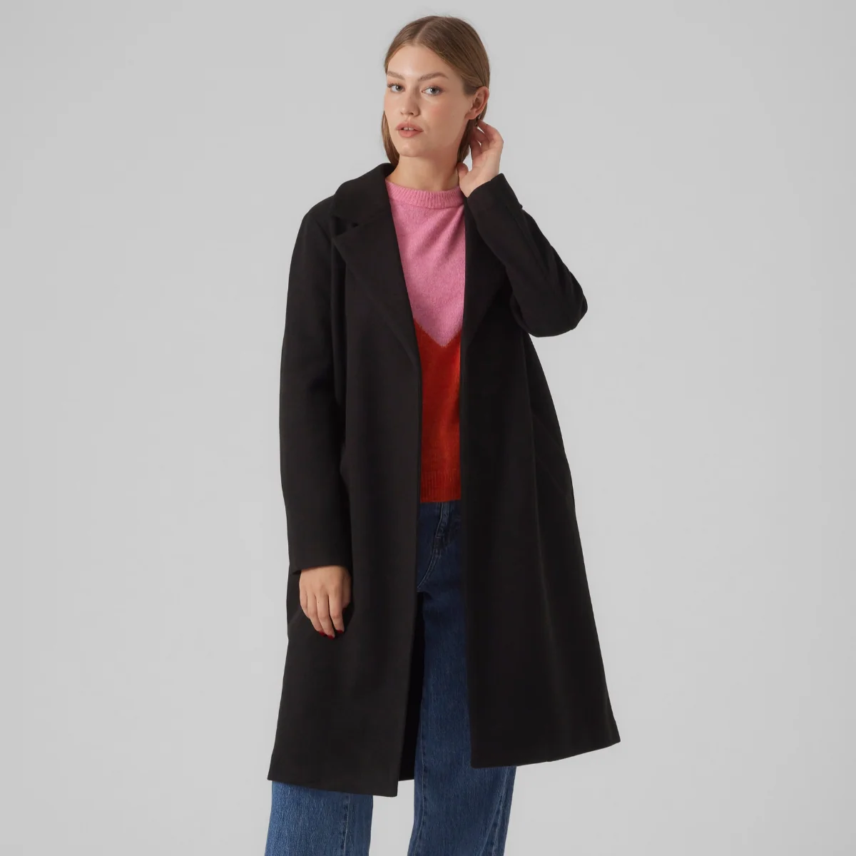 Cappotto elegante nero da Donna con cintura e collo a revers Vero Moda