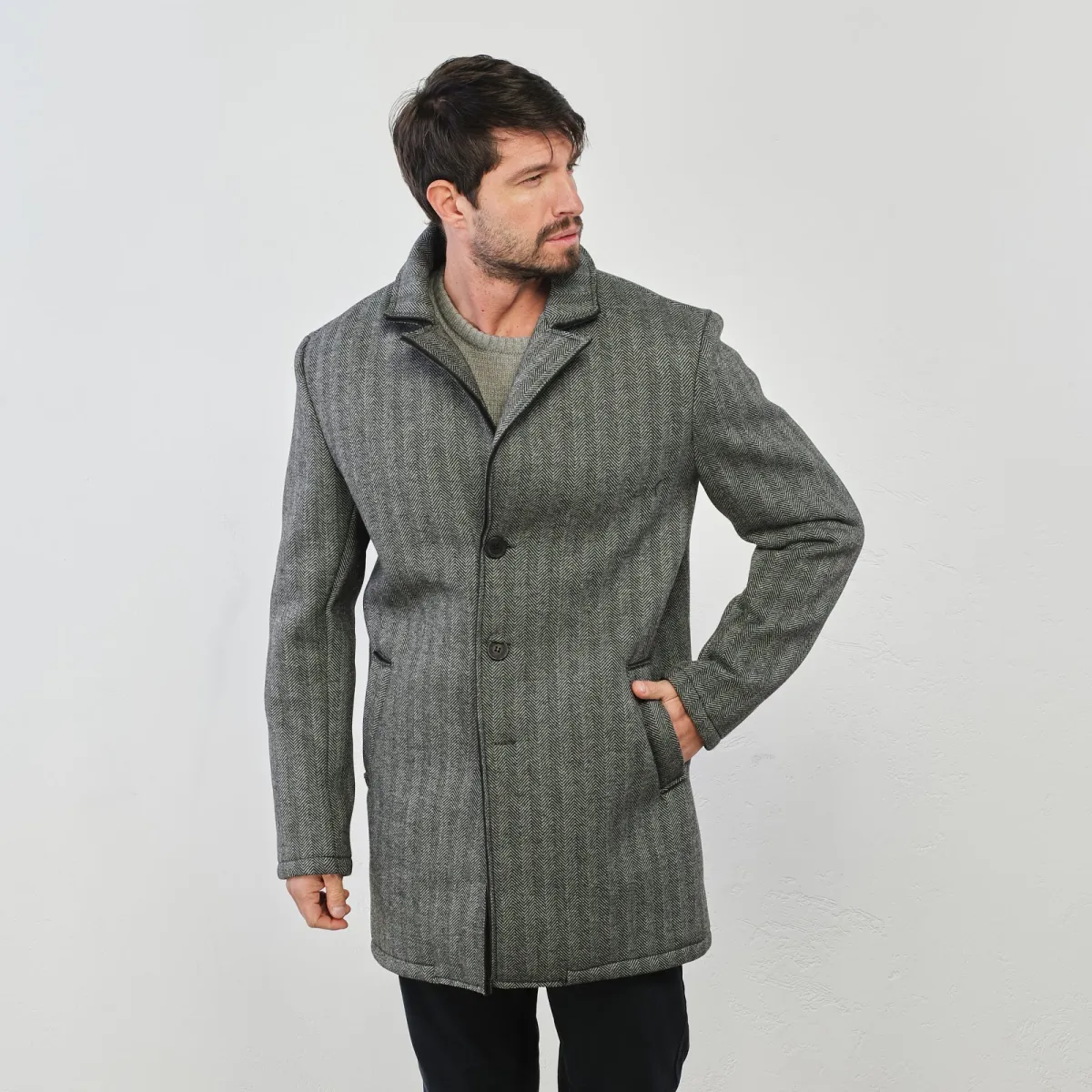 Cappotto grigio da Uomo in tessuto a spina di pesce Statham