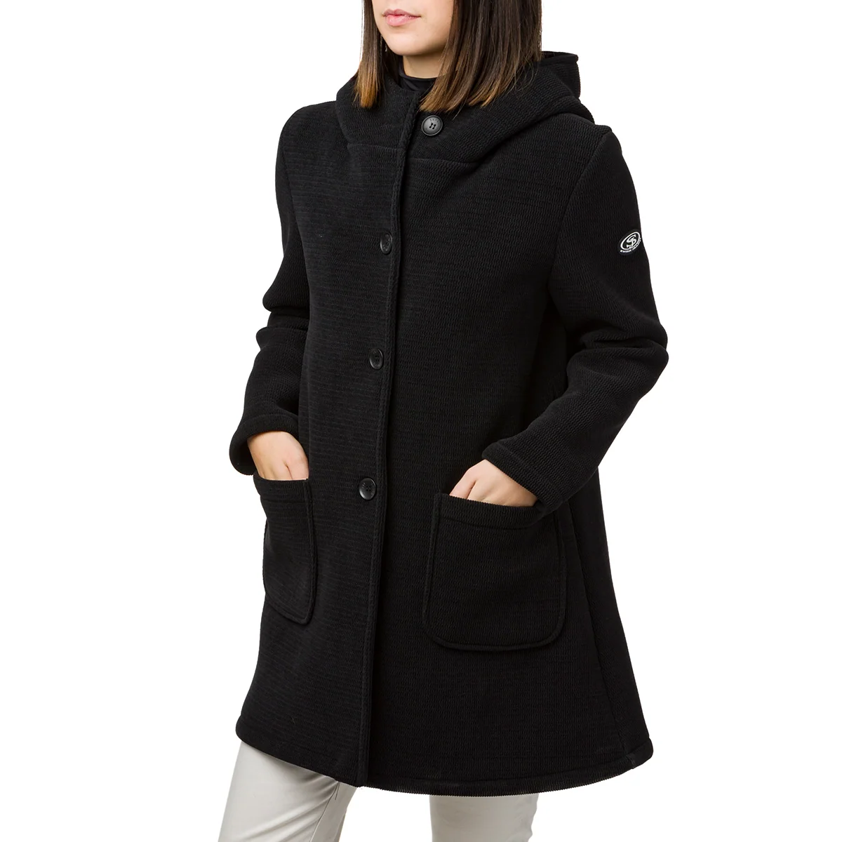 Cappotto nero da donna con cappuccio e bottoni Swish Jeans
