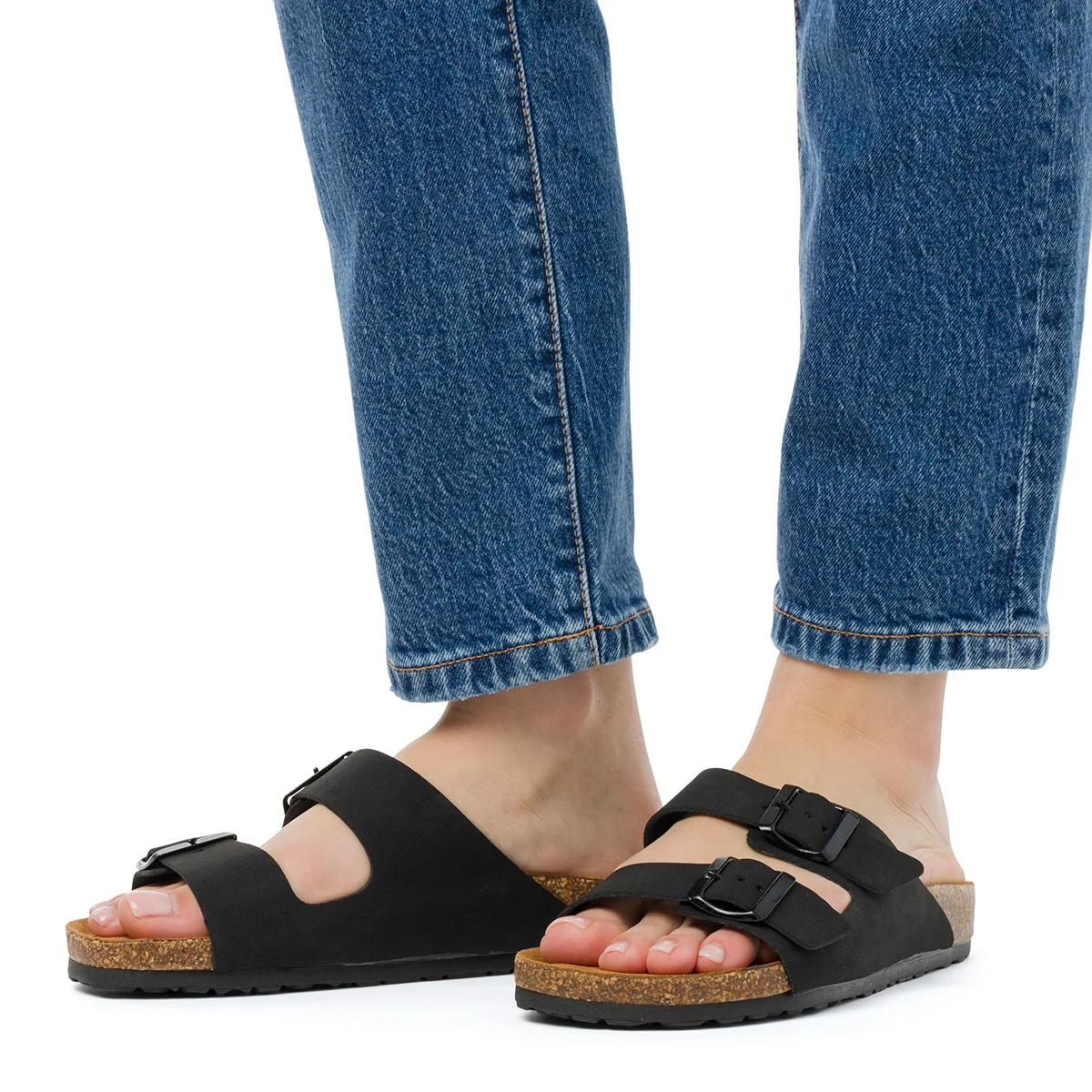 Ciabatte nere da Donna con Fibbie Regolabili e Suola in Sughero Italia Trend