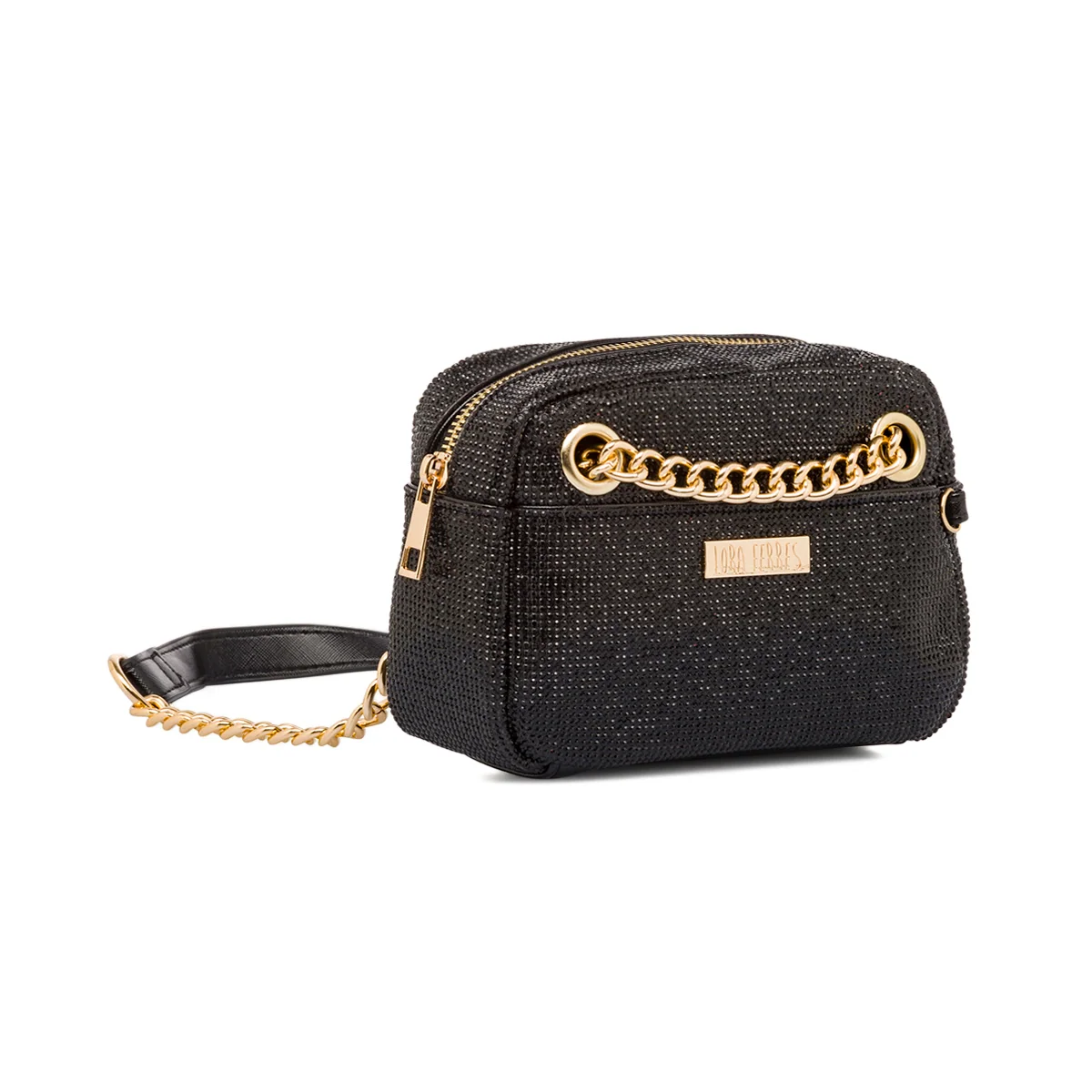 Clutch da donna nera con strass e logo Lora Ferres