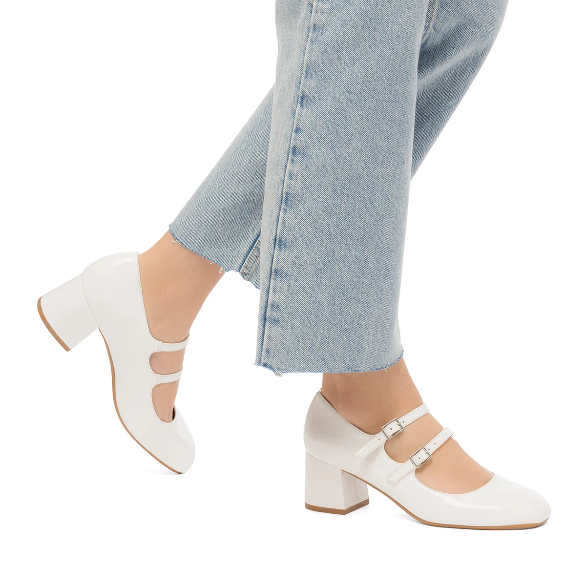 Décolleté Mary Jane bianche in vernice con cinturini e tacco a blocco 5 cm Swish Jeans
