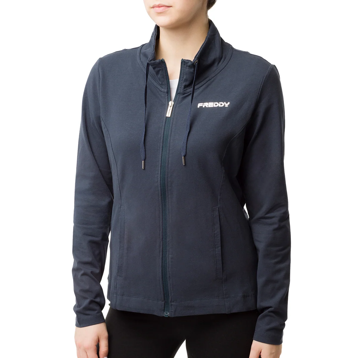 Felpa blu collo alto e zip da donna con logo argento Freddy
