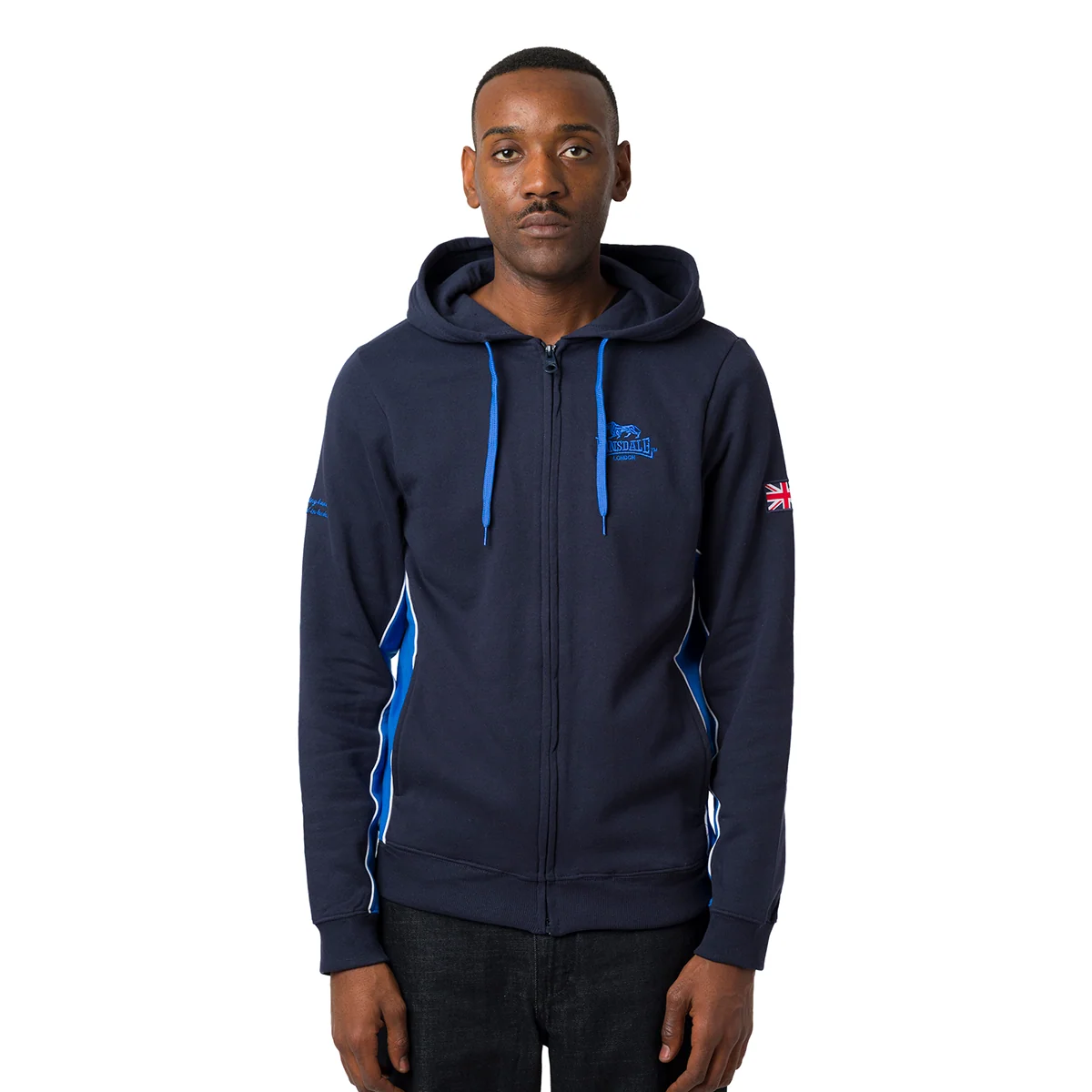 Felpa blu da uomo full zip con cappuccio e inserti bianchi a contrasto Lonsdale