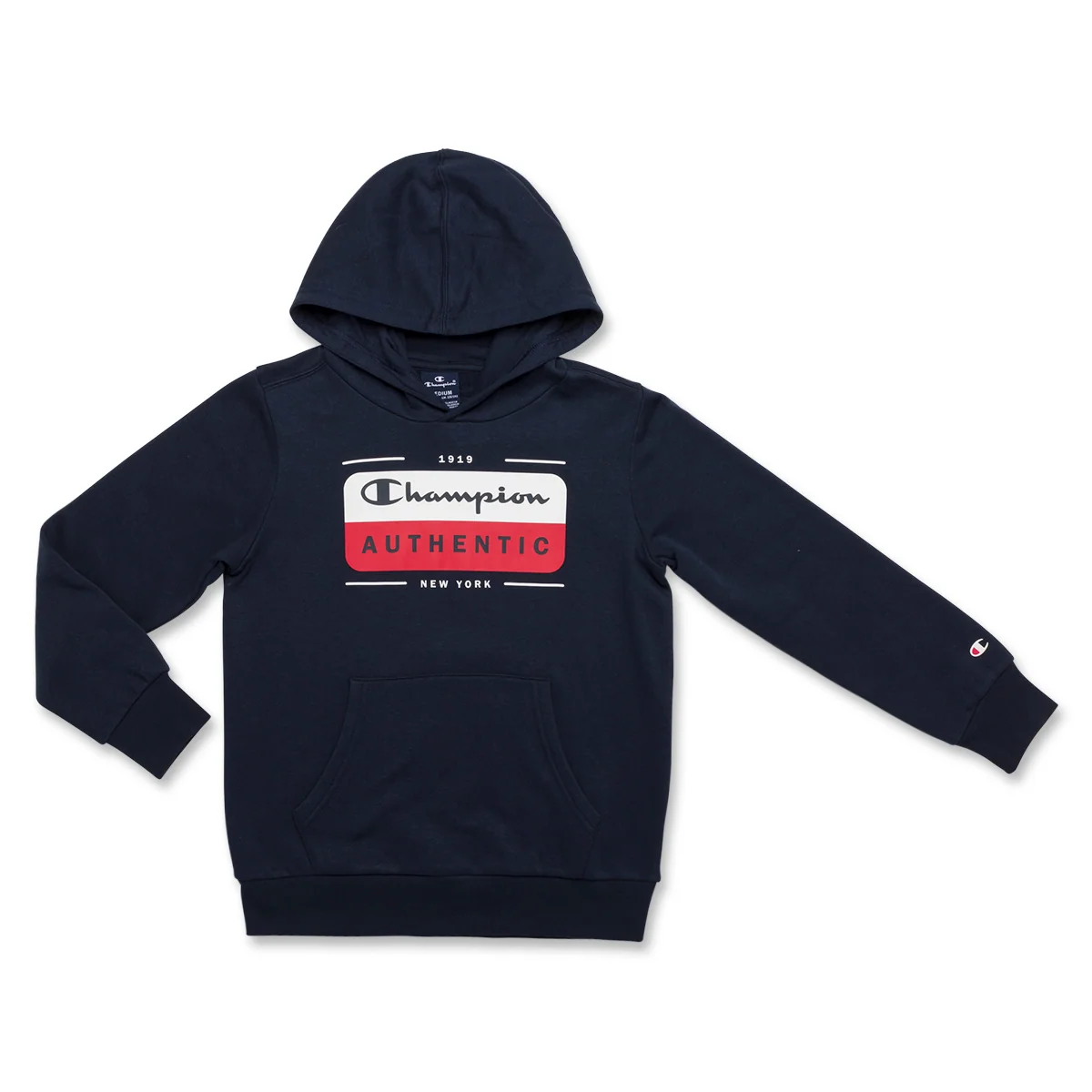 Felpa con cappuccio blu da bambino con stampa bianca e rossa sul petto Champion