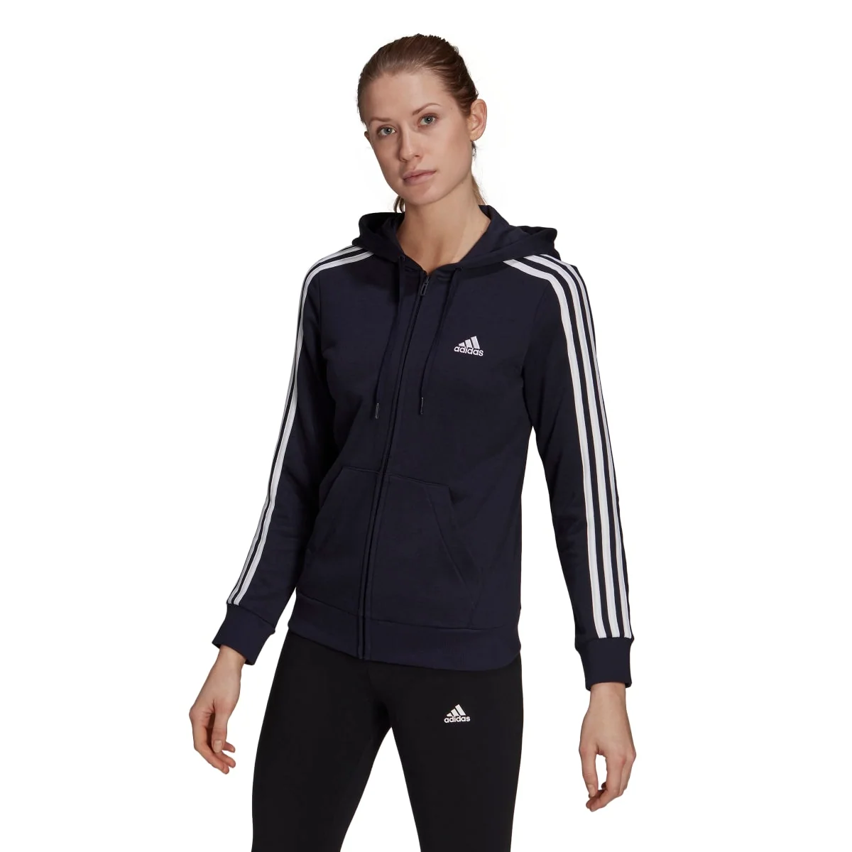 Felpa con cappuccio blu da donna adidas Essentials French Terry 3-Stripes Full-Zip