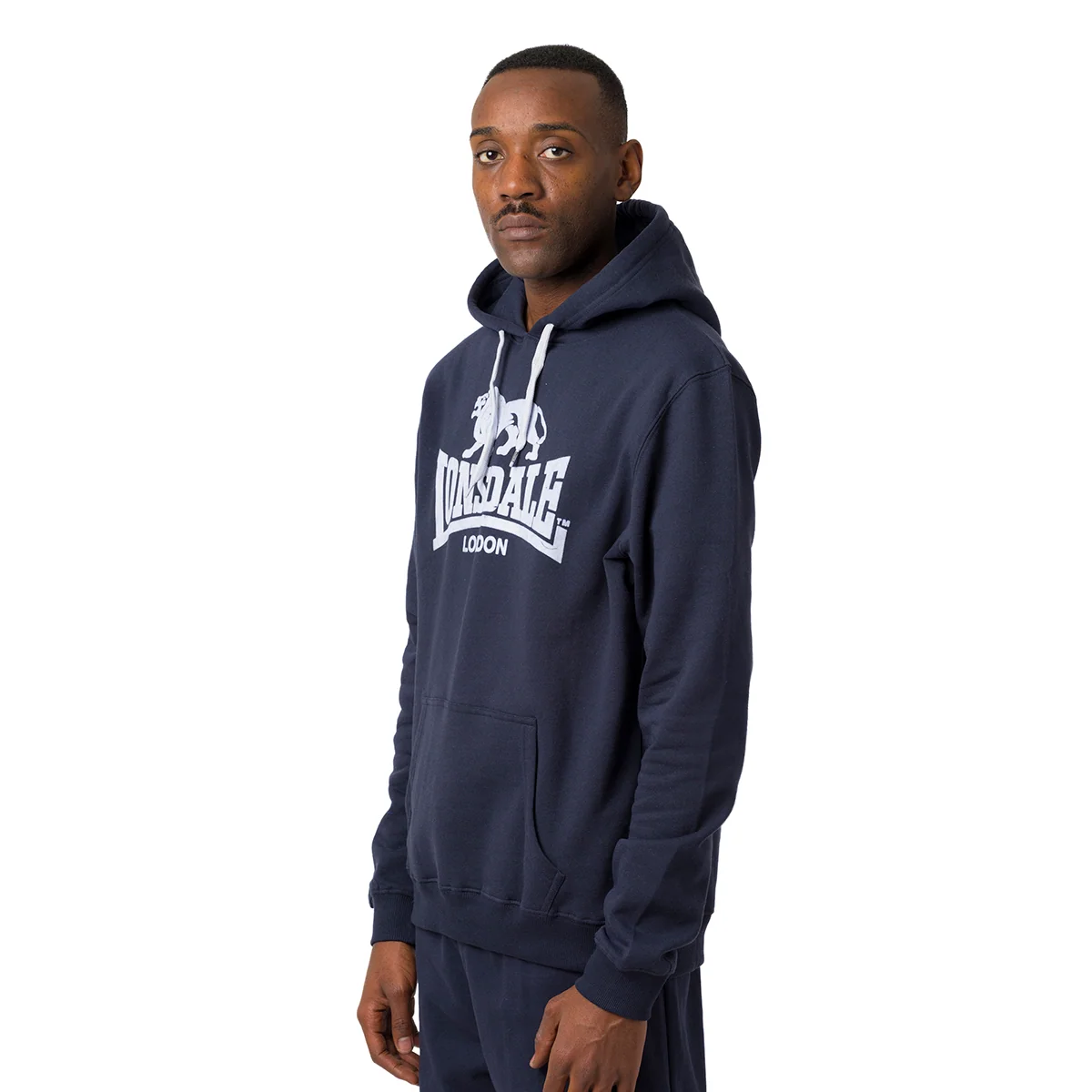 Felpa con cappuccio da uomo blu scuro con grande logo stampato a contrasto Lonsdale