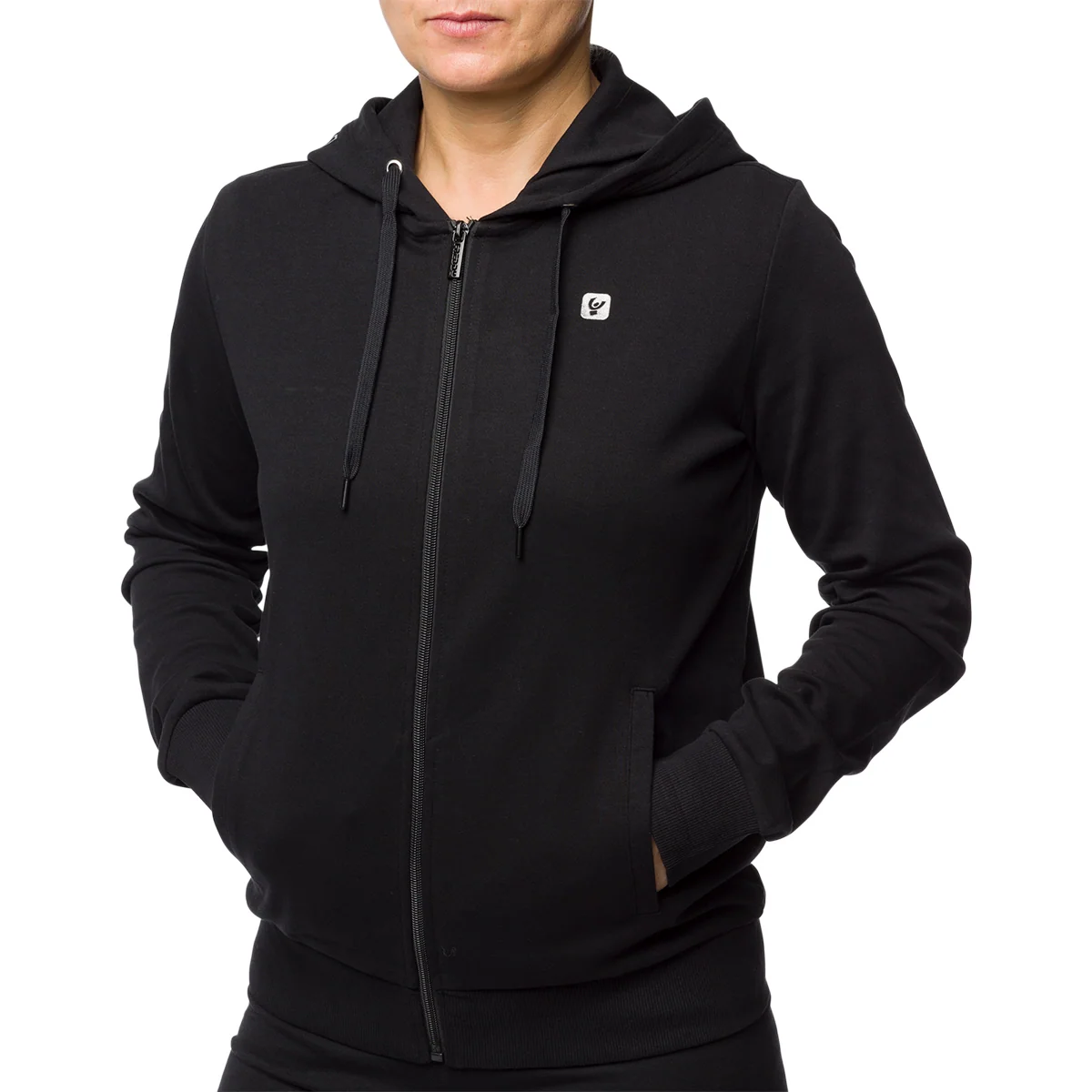 Felpa con cappuccio nera da donna con zip e tasche Freddy