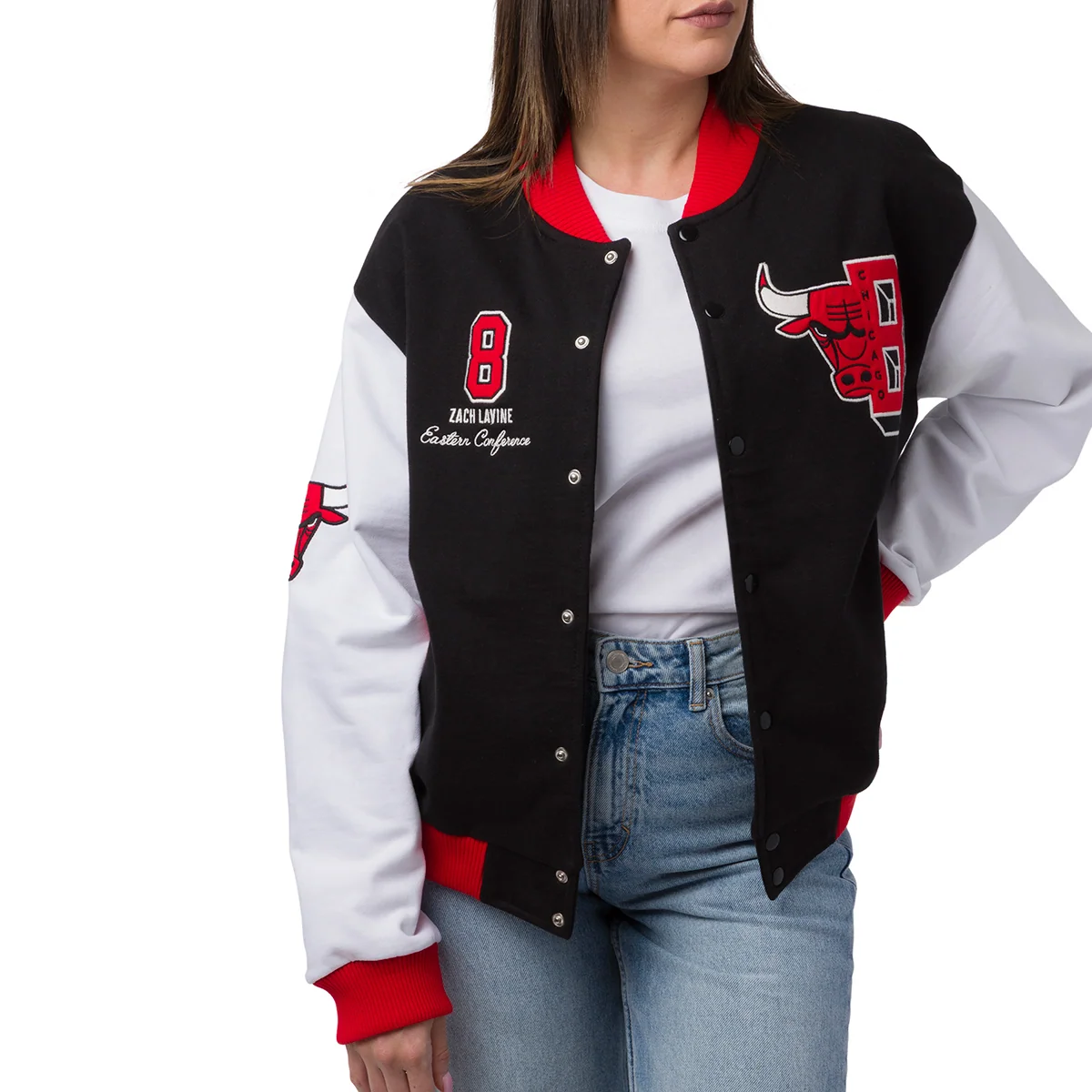 Giacca Bomber da Donna nera rossa e bianca con loghi ricamati Chicago Bulls NBA